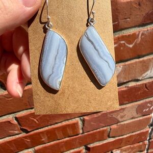 Blue Lace Agate Drop Earrings - Silver Setting